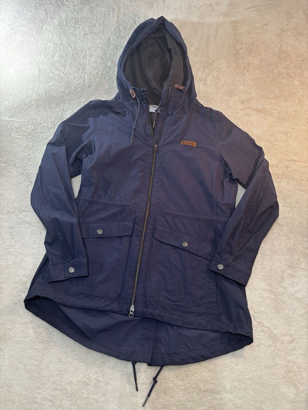 Columbia womens coat navy blue Large Mid Length Draw String Waist Lined cotton